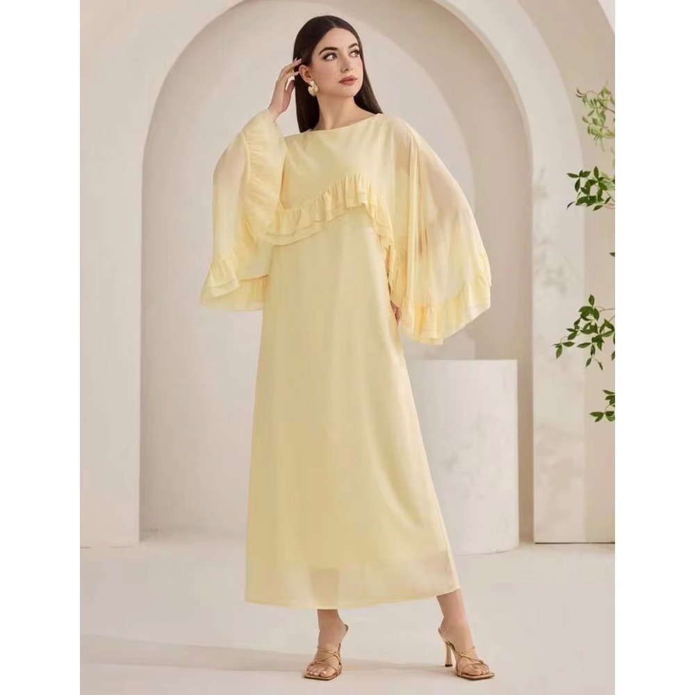 Shein Cream Ruffled Chiffon Midi Dress Long Bell Sleeve Pastel Yellow Large